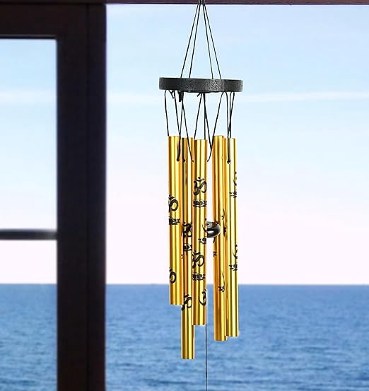 Feng Shui Metal Wind Chime with Om Design - 5-Pipe Golden Hanging Bells for Positive Energy | Good Luck Chimes for Home & Balcony Décor