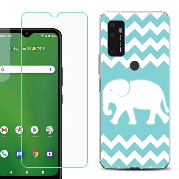 Slim-Fit Gel TPU Phone Case for Cricket Dream 5G, with Tempered Glass Screen Protector, by OneToughShield ® - Chevron/Elephant