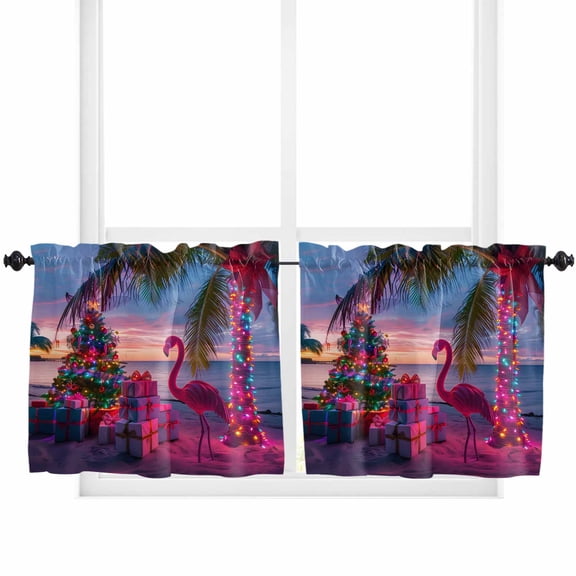 Coastal Christmas Kitchen Curtain 2 Panels Tiers Curtains 24 Inch Length, Flamingo Xmas Palm Tree Beach Curtains Rod Pocket Curtains Window Drapes Treatment Window Cafe Curtains