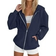 thumbnail image 4 of VISALY Womens Zip Up Hoodies Sweater Jacket Women Winter Warm Fashion Long Sleeve Loose Solid Color Zipper Pocket Sweatershirt Coat Casual Sweaters Tunic Sweater Long Sleeve Sweaters Navy Xl, 4 of 8