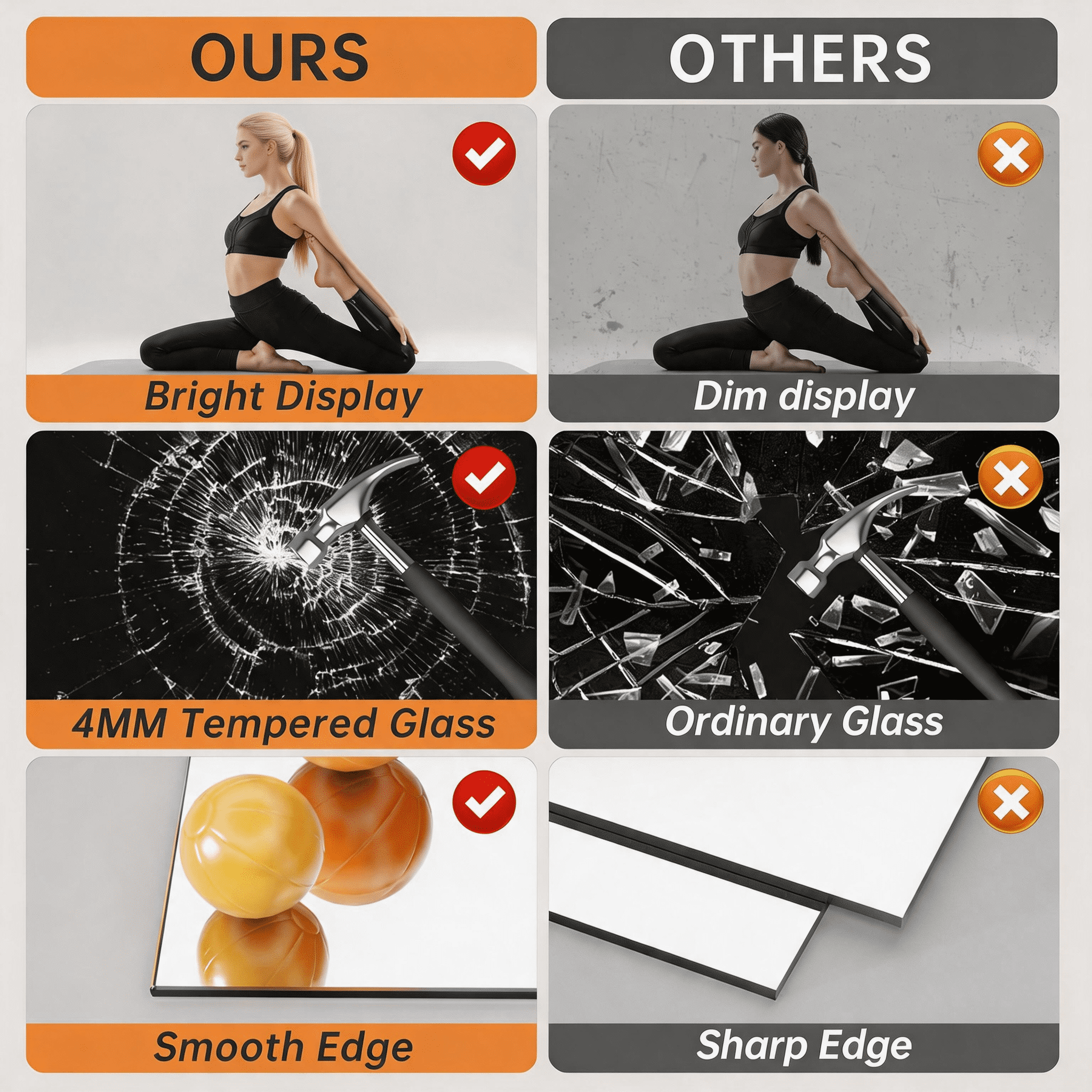 2-Piece 71x31-Inch Home Gym Mirror with Float Silver Technology, Frameless Full Body Mirror and Workout Mirror for Yoga Bedroom Dance Studio, Black