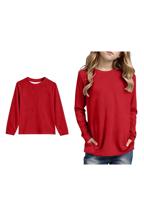 T Shirts for Boys Red Long Sleeve Tshirt with Pockets Girls Crewneck Tees Fall Clothes Girls Plain T Shirts 4-5 Years