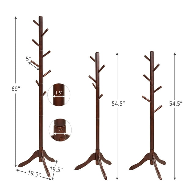 Giantex Wooden Tree Coat Stand, Height Adjustable Coat Rack W/8 Hooks & Tri-Legged Base, Standing Organizer For Office, Home, Hall, Entryway Brown