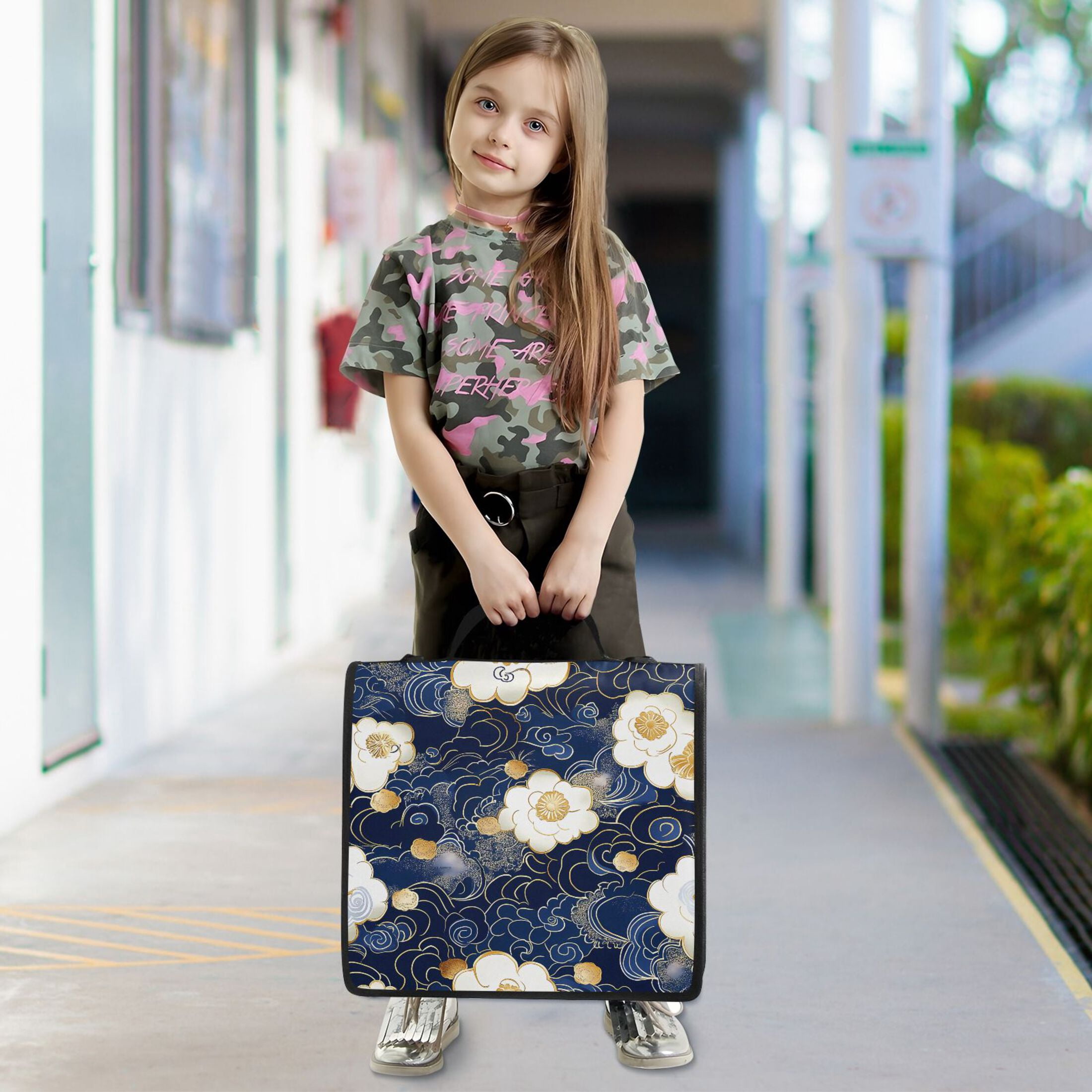 3 Ring Zipper Binder with Shoulder Strap Waterproof Trapper Keeper 2 Inch D-Ring 500 Sheets Capacity Blue Cloud White Flower
