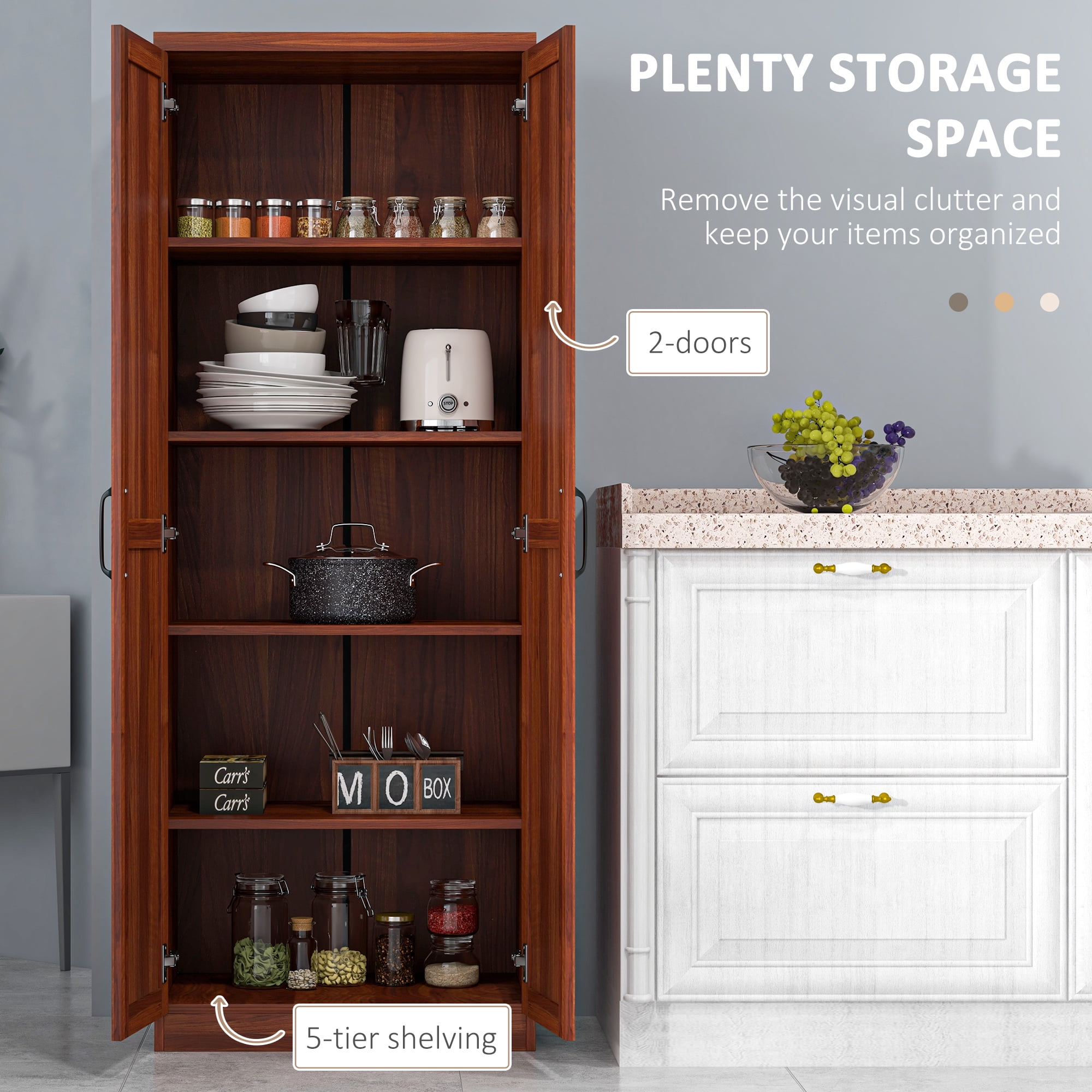 HOMCOM Kitchen Pantry, Freestanding 5-tier Storage Cabinet with 2 Adjustable Shelves for Dining Room, Living Room, Tan