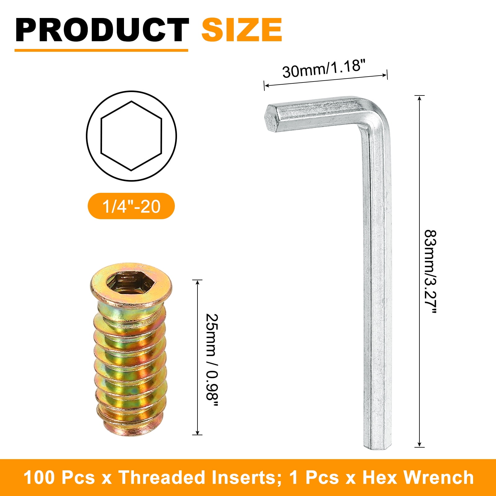 100 Pcs Threaded Insert for Wood, 1/4 - 20 Threaded Studs 25mm Length, Gold