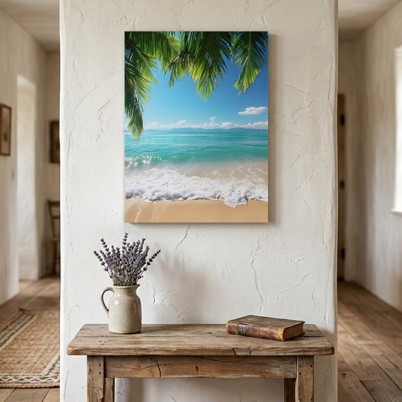 Ships Next Day Canvas Wall Art 8"x10", Ocean Beach Wood Framed Canvas Print Painting, Palm Trees Summer Tropical Island Seaside Ready to Hang Small Picture Wall Decor for Home Bathroom Nursery Office