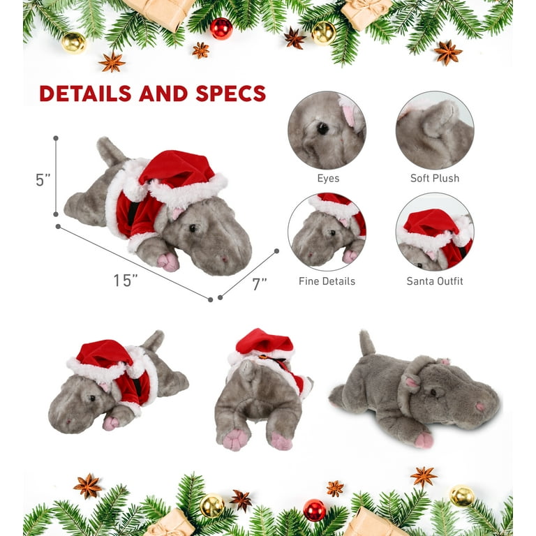 DolliBu Santa Hippo Plush Toy - 15 Inch Christmas Stuffed Animal With Personalized Name Option