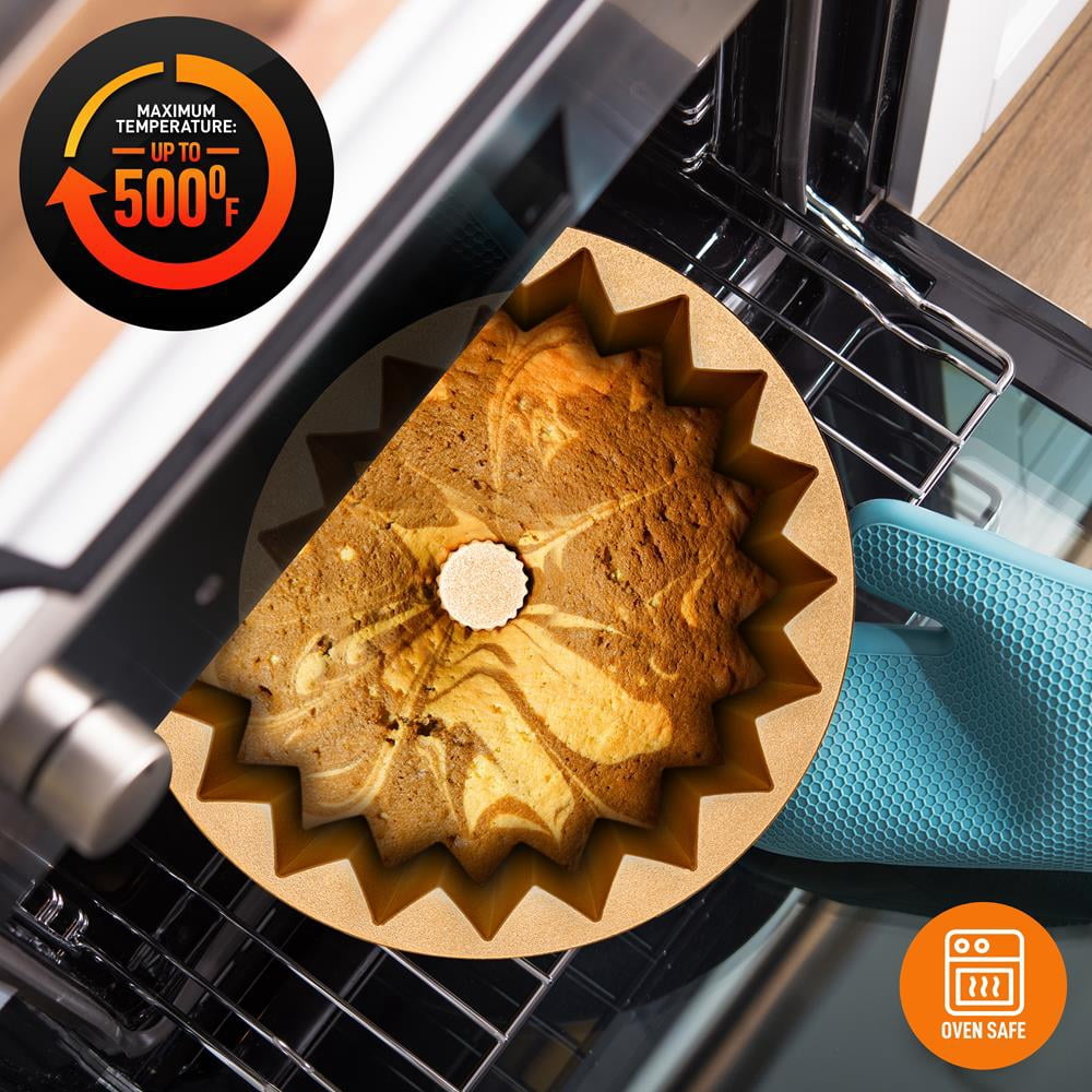 French Wreath Fluted Bundt Cake Pan, Extra Thick and Non Stick Aluminum Bakeware with 2 Layers of Non Stick Coating for Easier Release, Uniform Baking and Browning