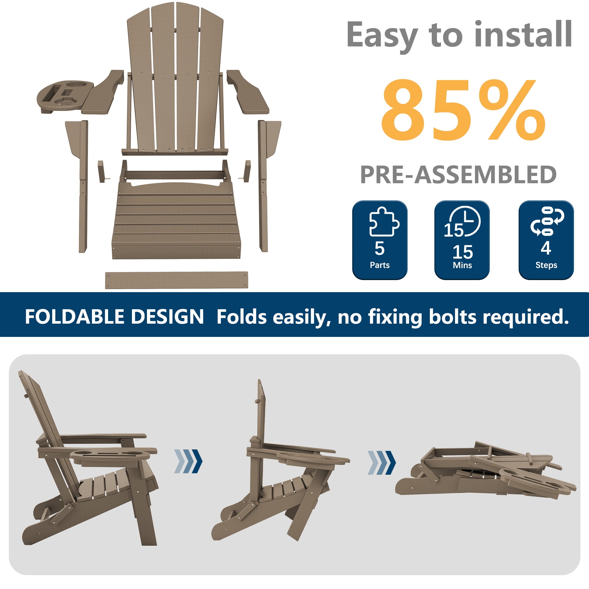 FOOWIN Folding HDPE Adirondack Chairs Set of 4, Brown