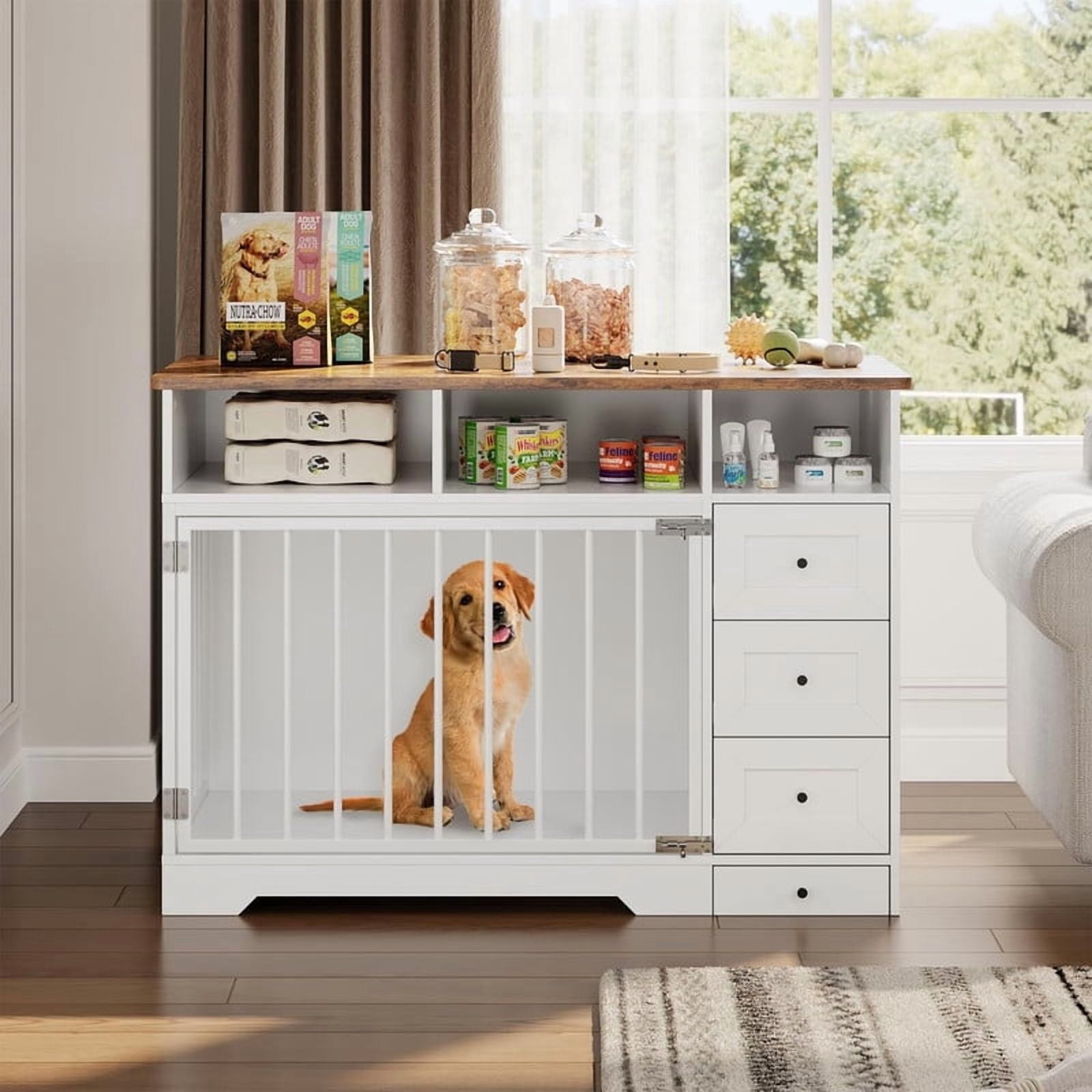 Towallmark 48 Inch Dog Crate Furniture, Farmhouse Dog Kennel with Bowl & Drawers, Heavy Duty Pet Crate Table for Medium Small Dogs for Living Room, Entryway Storage