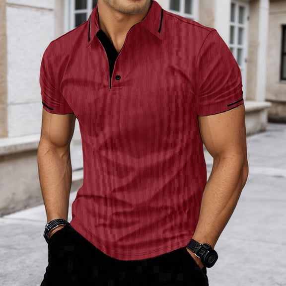 Men Polo Shirts Solid Color Slim Fit Casual Short Sleeve Button Down Collar Breathable Stretchable Summer Top Golf Shirts for Men Brick Red L