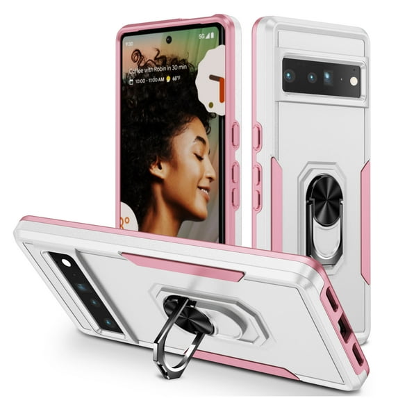 Decase for Google Pixel 7 Pro Case, Heavy-Duty Military Shockproof with Rotatable Stand Ring Protection Hard PC TPU Bumper Cover, White