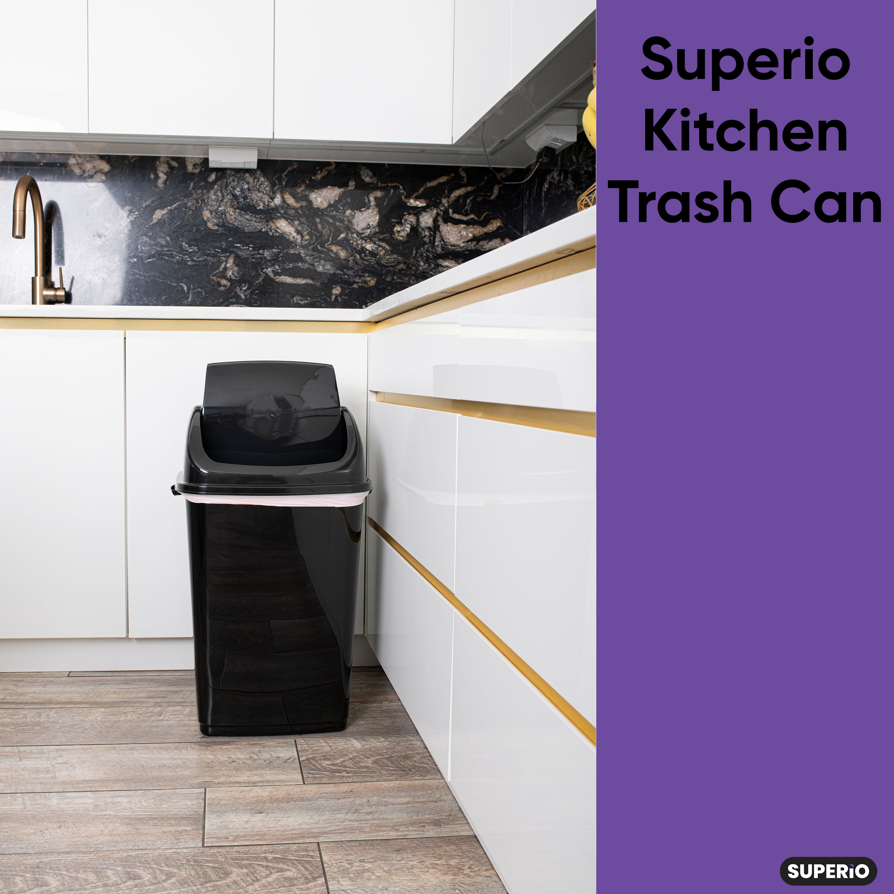 Superio Large Kitchen Trash Can 13 Gallon Black Swing Top Trash Can with Lid, 52 Qt