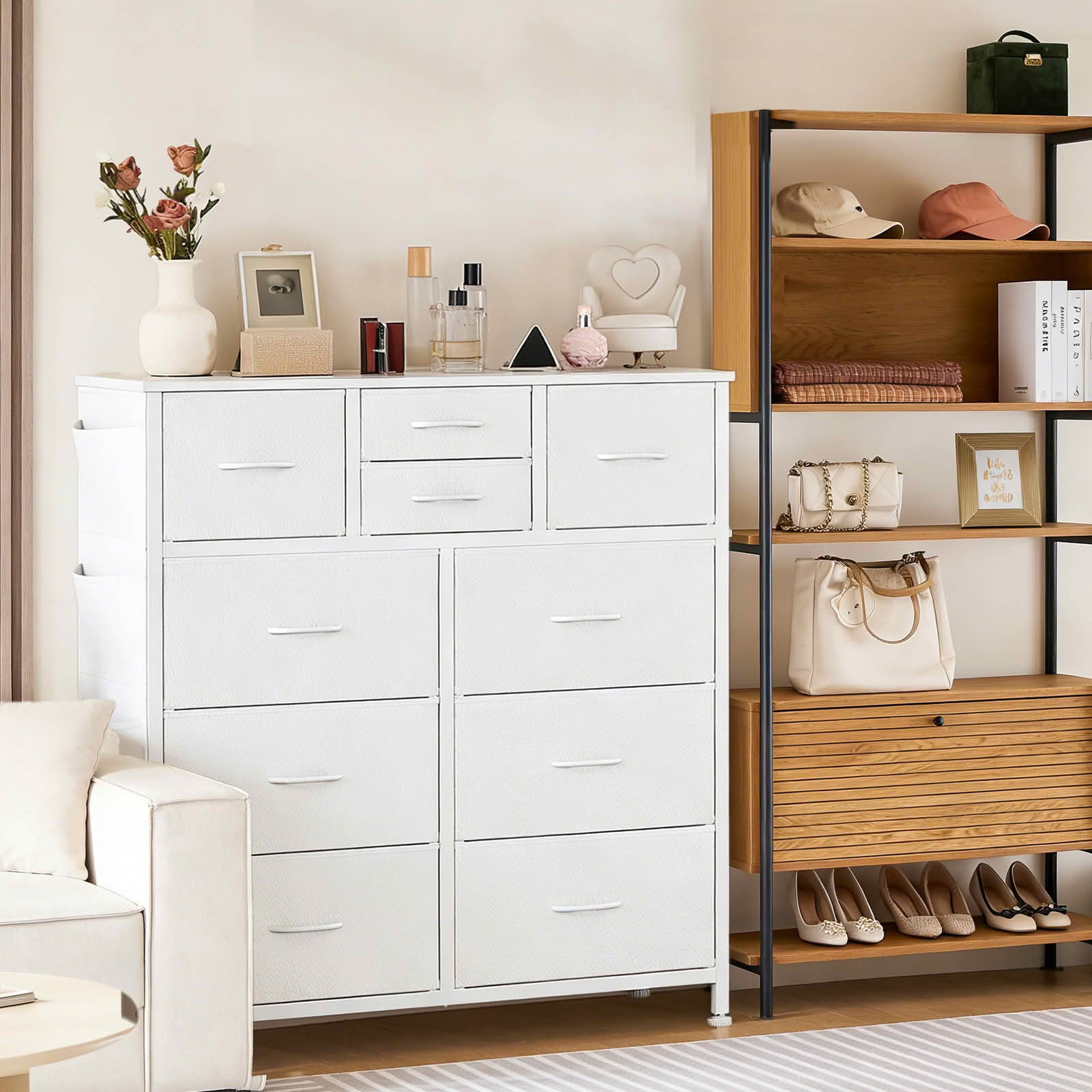 MAYEERTY 10-Drawer Storage Dresser, Cabinet with Side Pocket Hooks Wood Top for Bedroom Closet