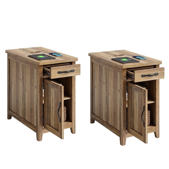 Linsy Home Farmhouse End Tables for Living Room Set of 2, Side Tables with Usb Ports and Outlets, Brown