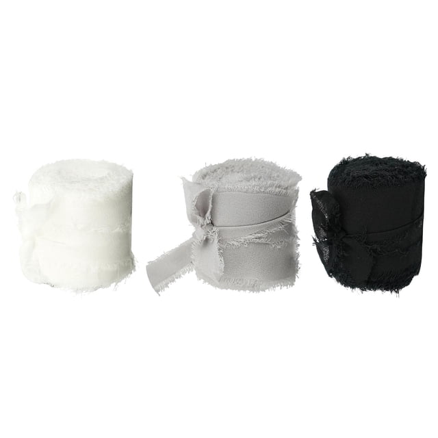 Fringe Chiffon Silk-Like Ribbons for Wedding Bouquets Decor Black+Grey