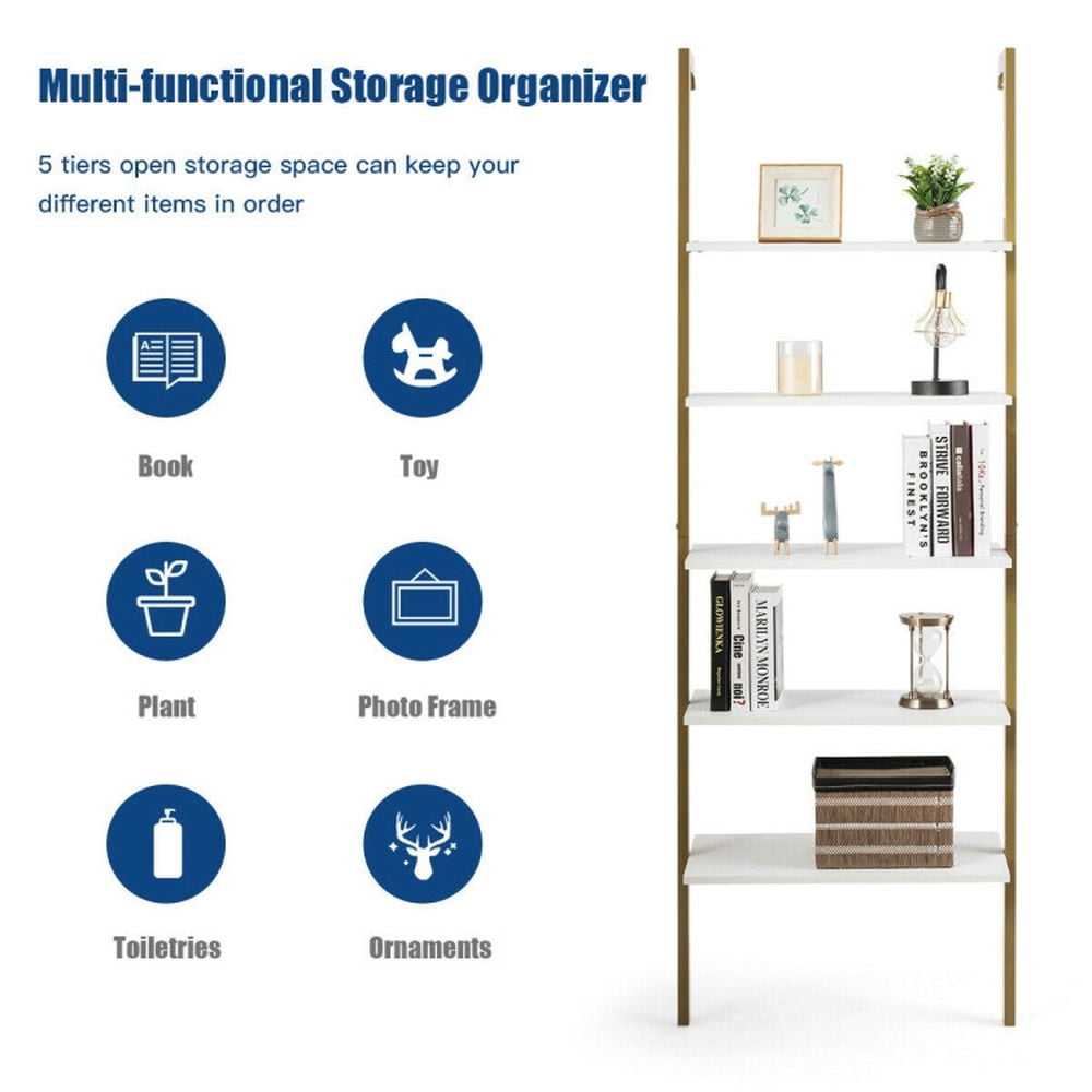 Demi Bonn 5-Tier Wood Look Ladder Shelf with Metal Frame for Home, Multipurpose Open Bookshelf, Yellow