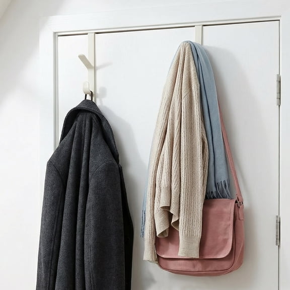 Over the Door Hooks Towel Rack, Vertical Hanger with 5 Hooks for Towels, Clothes and Bags, Space-Saving Organizer, White, 4 Pack
