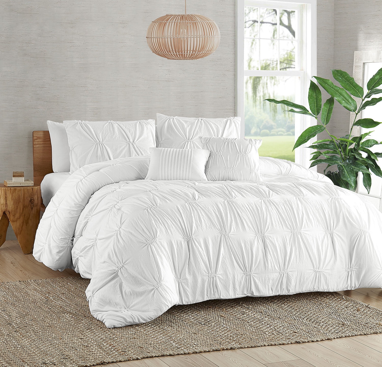 Garment Washed White Elastic 5Piece Comforter Set Queen