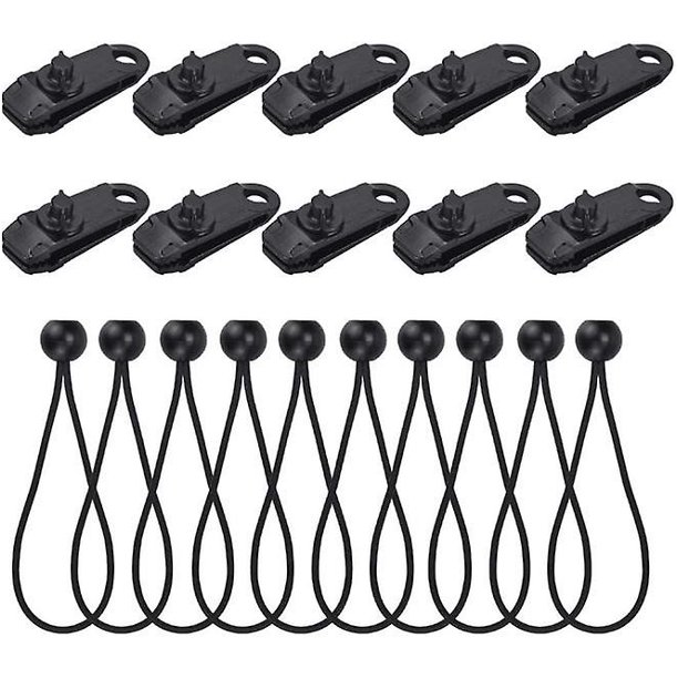 10 piezas de clips para lona de carpa y 10 piezas de cuerda elástica para carpa, clip para lona, clip para carpa, abrazadera para carpa, tensor de goma, expansor de tensor de lona con bola