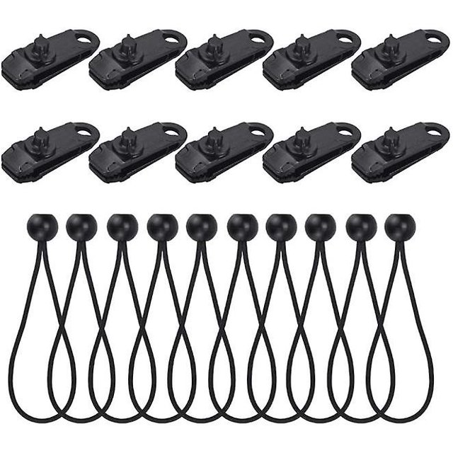 10 piezas de clips para lona de tienda de campaña y 10 piezas de cuerda elástica para tienda de campaña, clip para lona, clip para tienda de campaña, abrazadera para tienda de campaña, tensor de goma,