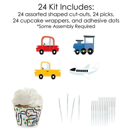 Big Dot of Happiness Cars, Trains, and Airplanes - Cupcake Decoration - Transportation Birthday Party Cupcake Wrappers and Treat Picks Kit - Set of 24