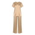 thumbnail image 6 of Silk Pajamas for Women 2 Piece Satin Pjs Cap Short Sleeve Sleepwear V Neck Shirt Long Pant Lounge Sets Beige XL(XL), 6 of 6