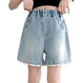 thumbnail image 2 of LangJing Girl's Jean Shorts Summer Trendy Denim Jorts with Pearl Detail Lace Trim Cute Shorts High Waist Straight Leg Jeans 5-15Y Light Blue,7-8Years, 2 of 6