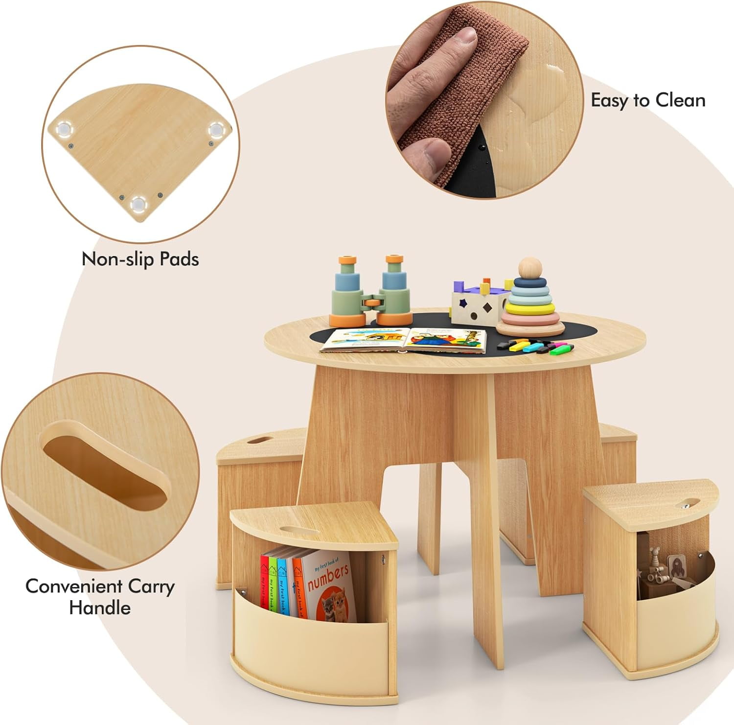 OLAKIDS Toddler Table and Chair Set with 4 Storage Stools, Wooden Flower Shaped Nesting Table with Blackboard Drawers, Children Multi-Activity Table for Art Crafts Draw Read Boys Girls 3+