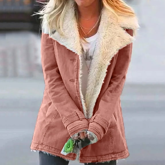 CQONEPT Fleece Lined Jacket for Womens Button Down Warm Overcoat Casual Winter Coat Notched Collar Outerwear with Pockets Pink XL