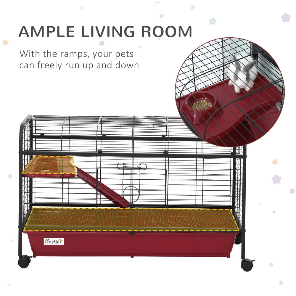 Resenkos 41"L Small Animal Cage, Pet Play House for Rabbit Hutch Ferret with Feeder, Rolling Wheels, Platform, Ramp