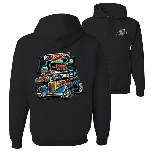 Wild Bobby,Hot Custom Rods Drive Thru Diner Cars and Trucks Front and Back Unisex Graphic Hoodie Sweatshirt, Black, Small
