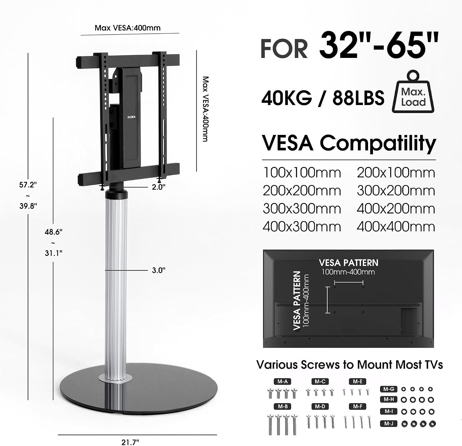 AOKCOS Floor TV Stand for 32–65 Inch TVs, Silver, Swivel & Tilt, Height Adjustable, Grilux Series