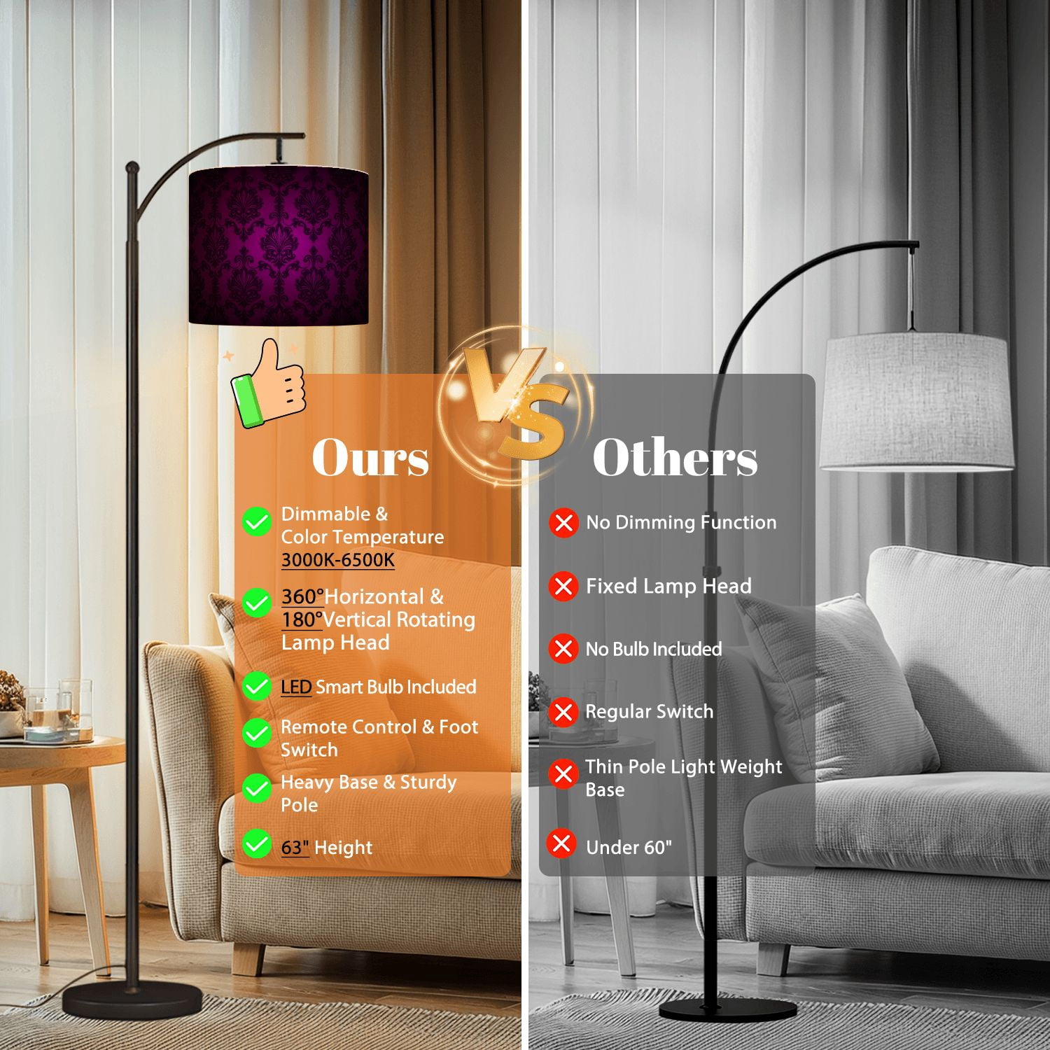 Arc Floor Lamp Royal vintage Gothic dark purple black Royal Tall Modern Standing Lamp LED Adjustable Linen Lampshade 3 Color Temperatures