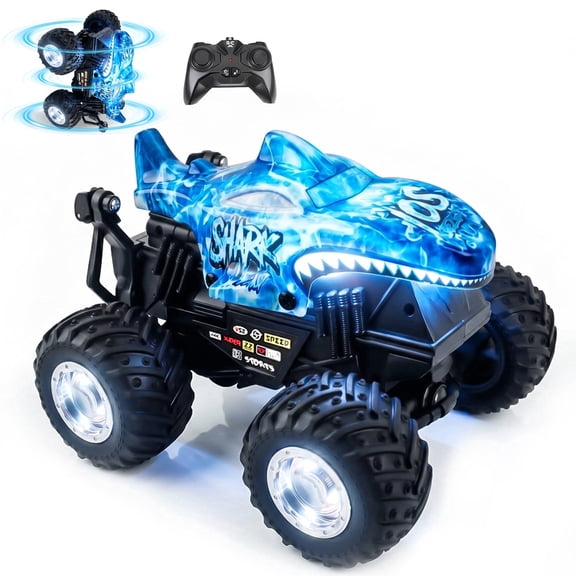 YCFUN RC Monster Trucks for Boys, RC Cars for Kids with 360° Spins, Music and ICE LED Shell & Wheels, Shark RC Car for Boys Girls Ages 3  (ICE)