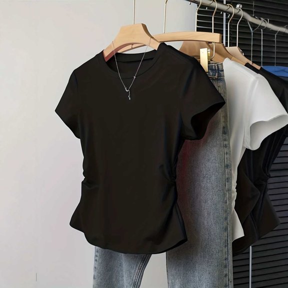 ClodeEU Women's Crew Neck Short Sleeve T-Shirt with Side Elastic Ruff,Casual Loose Fit Basic Tee Black,Women's Plus L