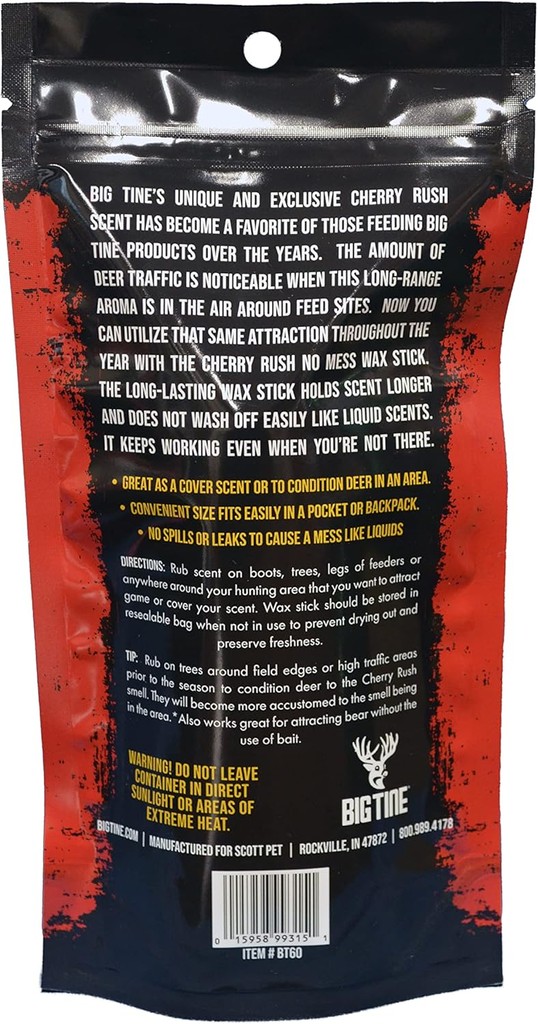 Big Tine Cherry Rush Long-Lasting Deer Scent Wax Stick, Handheld Cover Attractant, 2.5 oz, 1 Ct