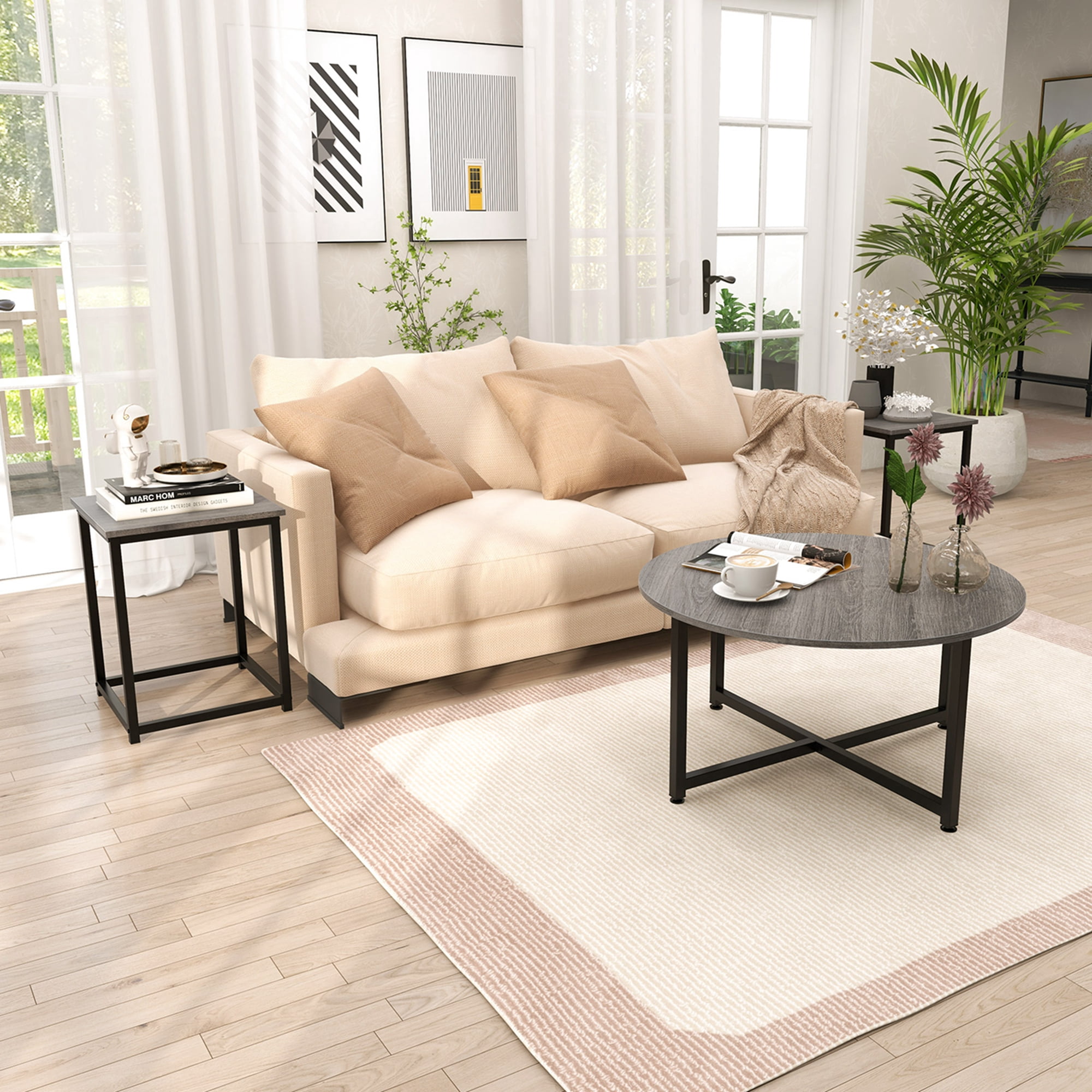 Costway 3 PCS Coffee Table Set Round Coffee Table and 2 PCS Square End Tables Metal Frame Gray