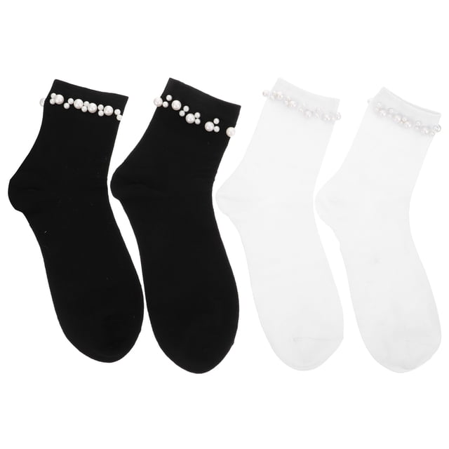 2 pares de calcetines casuales para mujer, calcetines cortos de moda con decoración de perlas, calcetines de tubo