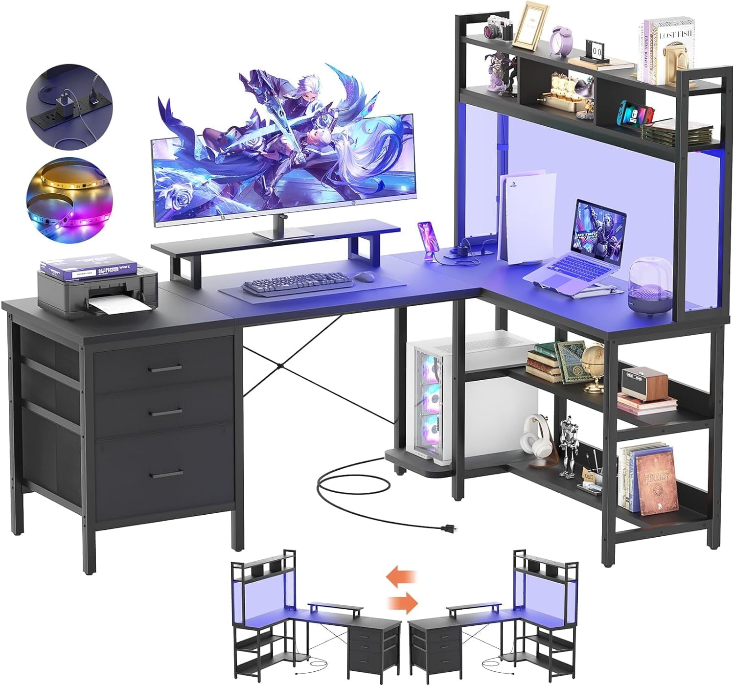 Homieasy 58.7'' L Shaped Computer Desk with Hutch, Power Outlets, LED Lights & Storage Drawers, for Home & Office, Black