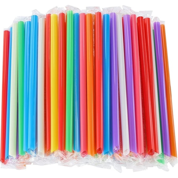 Triani 100 Pcs Disposable Jumbo Straws 0.43" Diameter Drinking Plastic Smoothie Straw Large Individually Wrapped 9.45" Long for Boba Fruit Smoothies Milkshakes, Bubble Tea