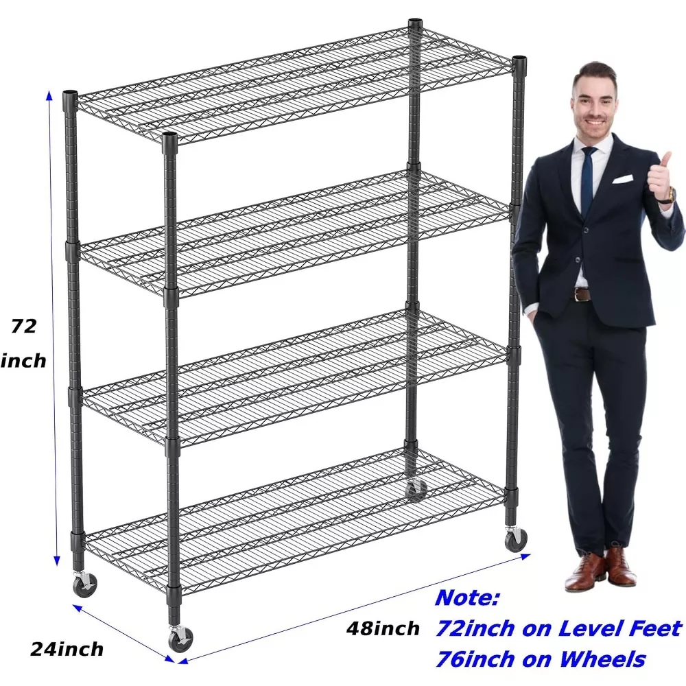 Sailvan 4-Tier Heavy Duty Wire Shelving Unit with Wheels, 48"W x 24"D x 72"H Metal Storage Rack, 3250LBS Capacity, Adjustable Garage Shelves,Black