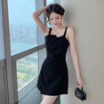 thumbnail image 3 of Aosijia Women Dress Sexy Slim Solid Color Pleats Waist Retraction Irregular Design Short Style Suspender Dress Lady Club Dress 3XL, 3 of 10