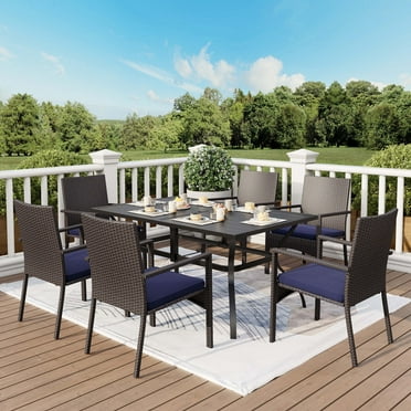 7 Piece Outdoor Patio Dining Sets with Rectangle Metal Table and Wicker Chairs Furniture Set- Navy Blue