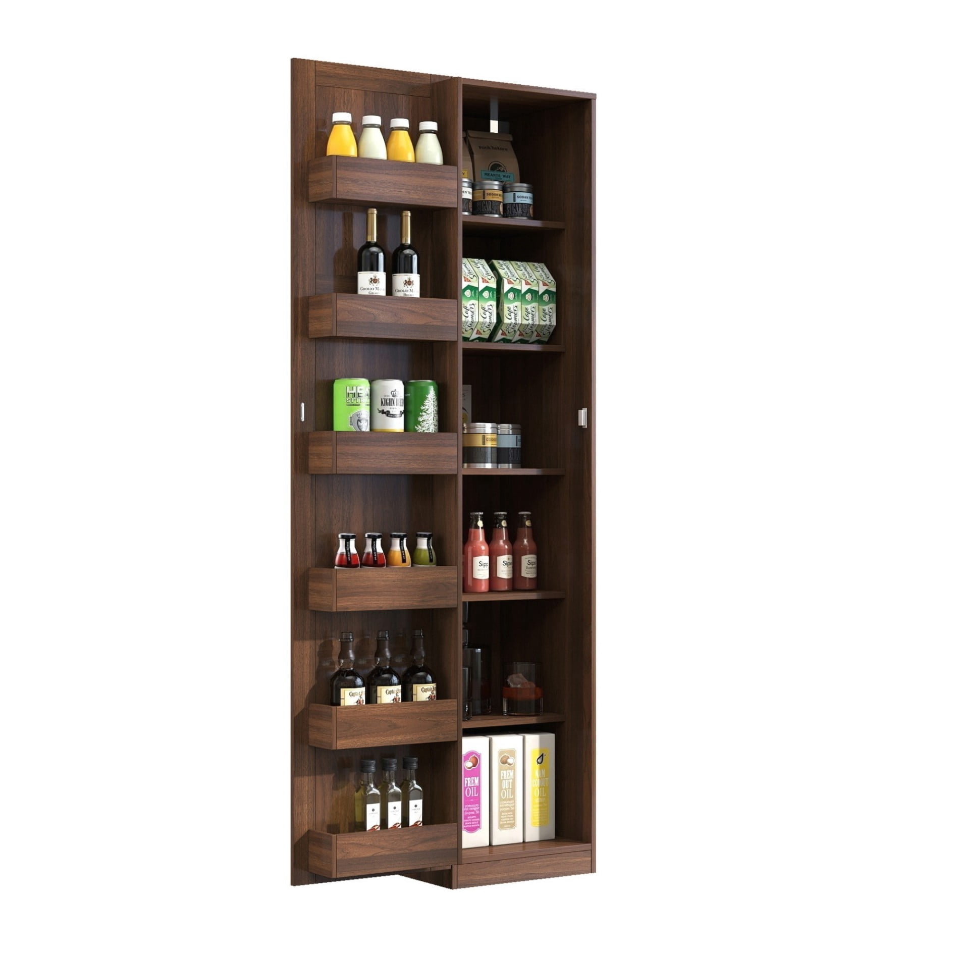 Kitchen Pantry Cabinet with Doors and Shelves, Tall Freestanding Storage Cabinet with Side Racks & Adjustable Shelves, Wooden Buffet Sideboard for Kitchen, Dining Room, Living Room, Walnut