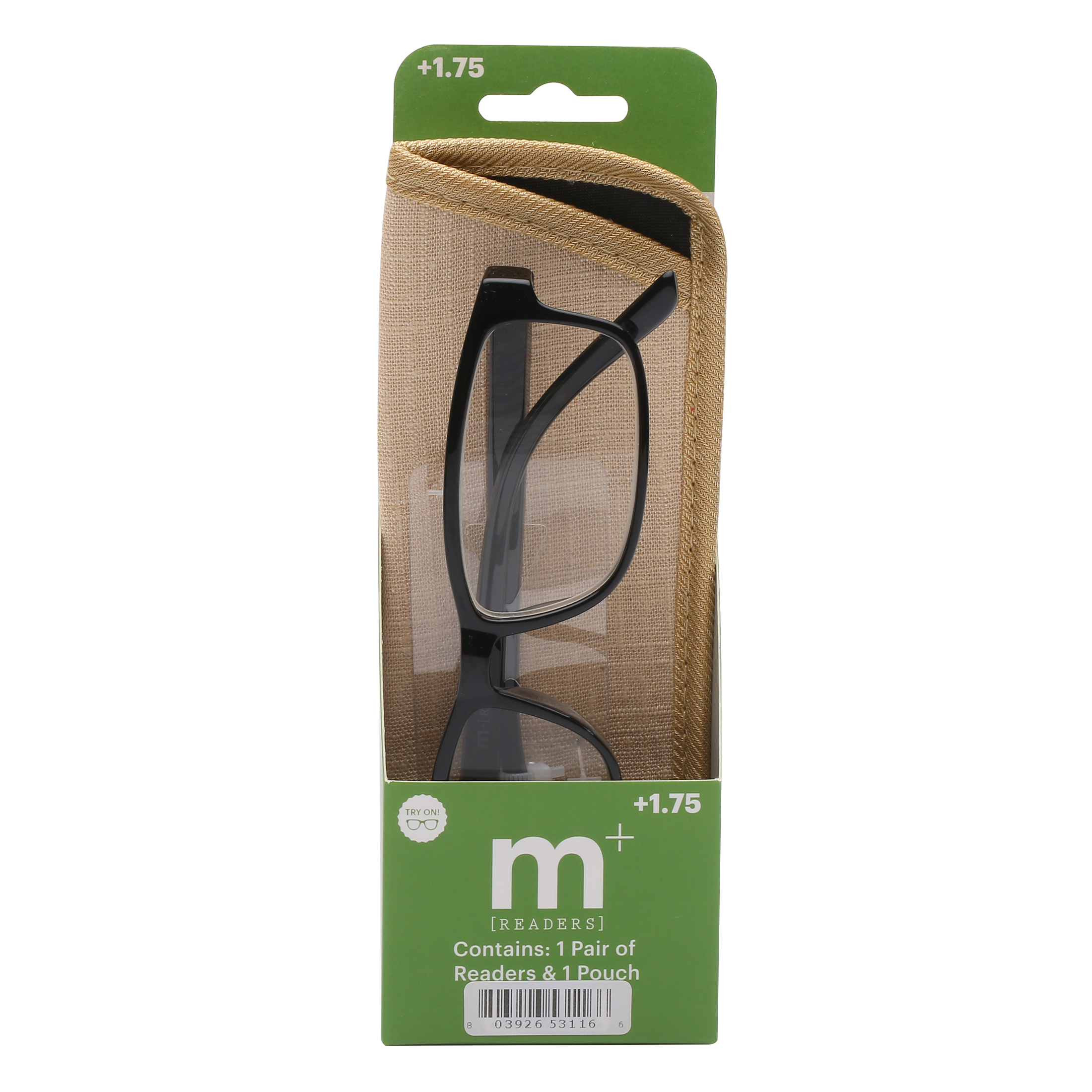 M+ Mens Rectangular Plastic Reading Glasses 1.75 Frazier in Classic Black