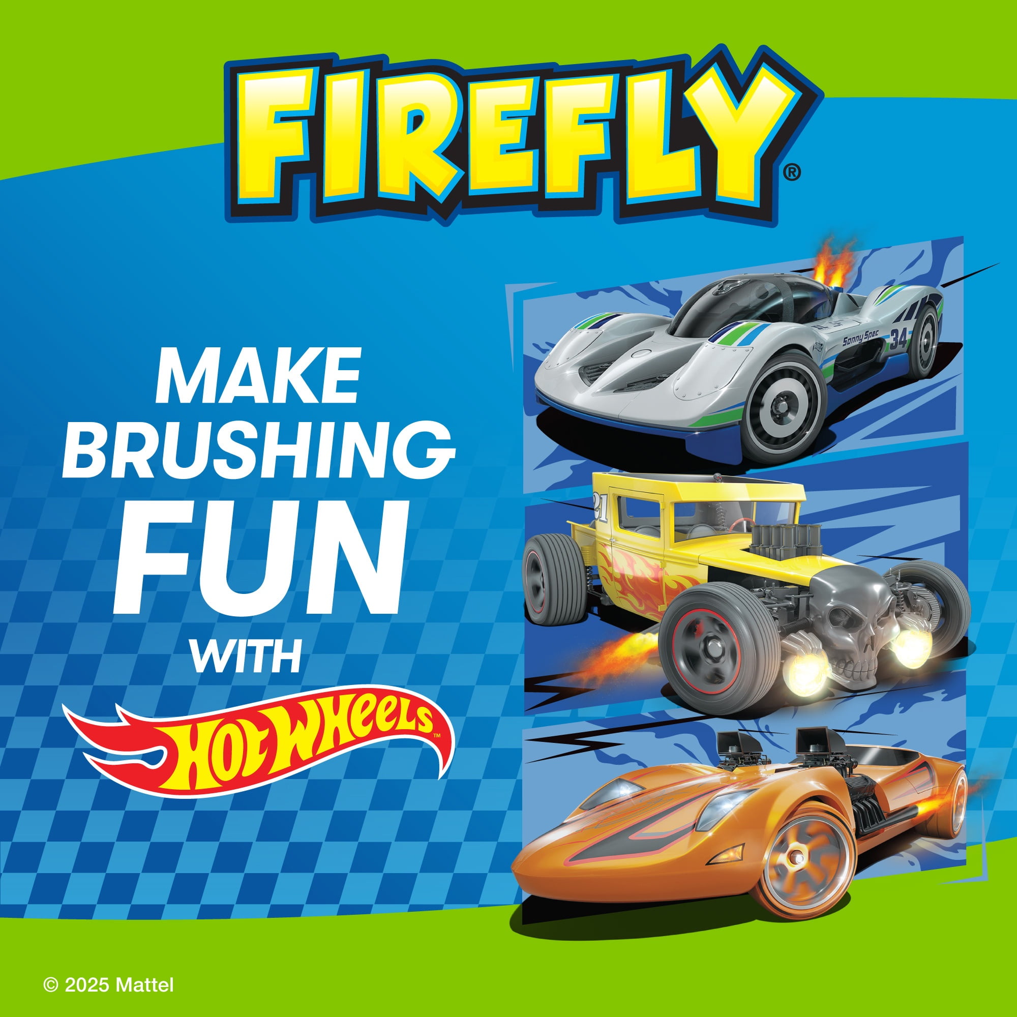 Firefly Slim Sonic Hot Wheels Toothbrush with USB Charging and Antibacterial Cover, Ages 3+, 1 Count