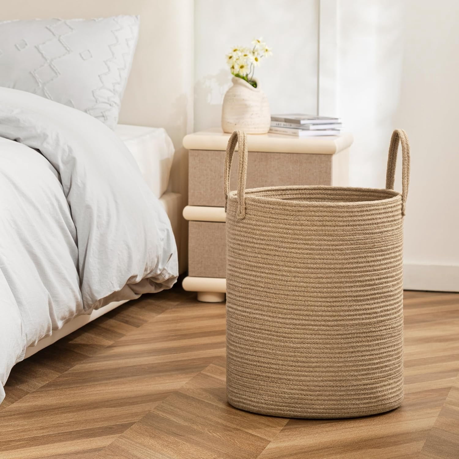 TT-Laundry Basket, 52L Woven Laundry Hamper, Baby Nursery Hamper for Toys, Blanket Basket for Living Room, Clothes Hamper for Bedroom&Baby Room, Jute