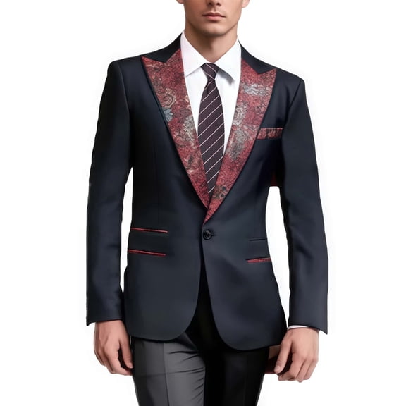 i·FineLong Men's Dark Blue with Patterned Collar Two - Piece Suit, Suitable for Business and Other Formal Occasions